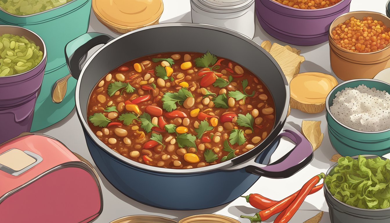 A steaming pot of spicy marrow bean chili surrounded by colorful meal prep containers