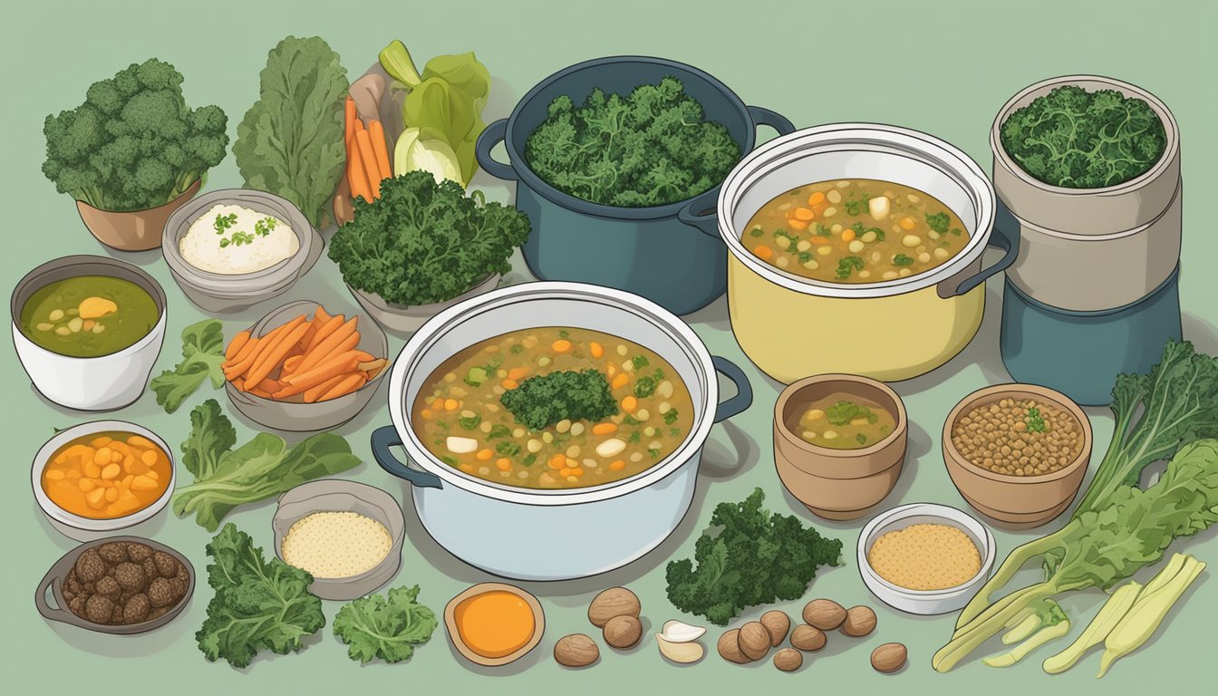 A steaming pot of Marrow Bean and Kale Soup surrounded by various meal prep ingredients and containers