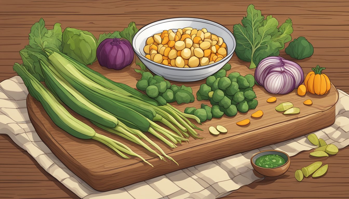 A colorful array of fresh vegetables and cooked marrow beans arranged on a wooden cutting board. A bowl of tangy dressing sits nearby