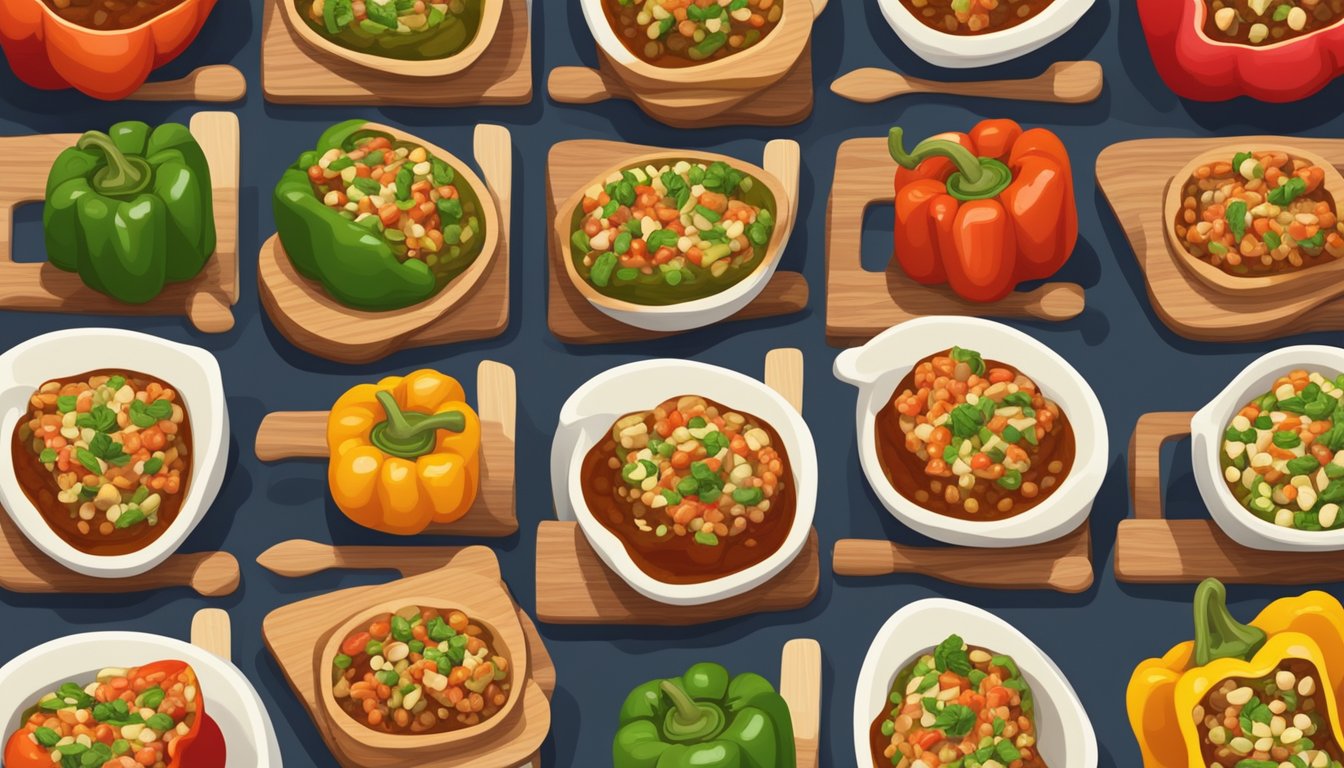 A colorful array of stuffed peppers, each filled with hearty marrow beans and topped with a savory sauce, arranged neatly on a wooden cutting board