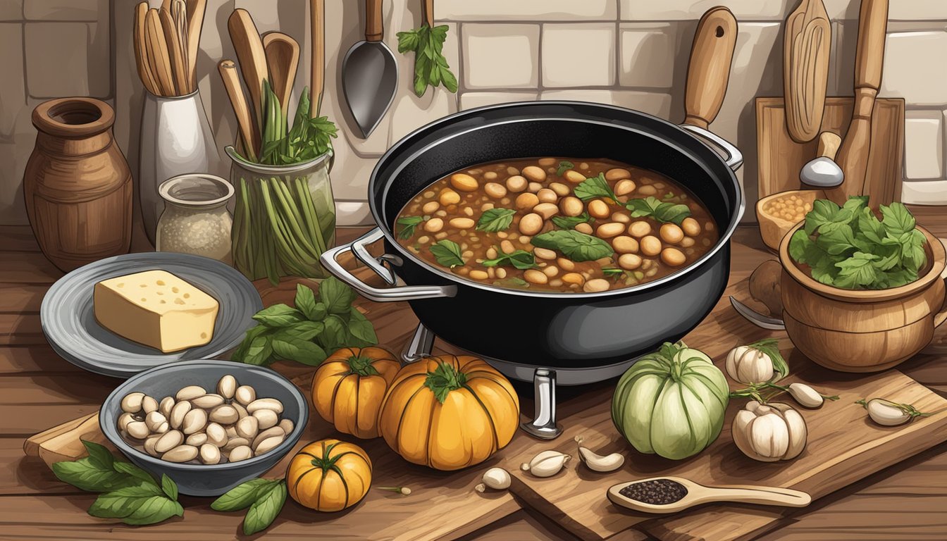 A rustic kitchen scene with a simmering pot of Tuscan marrow bean stew surrounded by fresh ingredients and cooking utensils