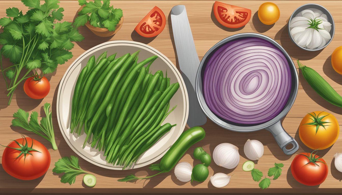 A colorful array of ingredients including tomatoes, onions, cilantro, and cans of marrow beans arranged on a wooden cutting board