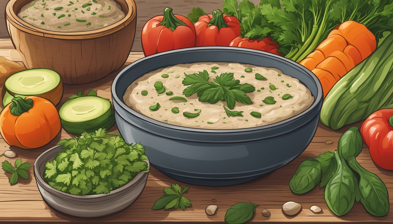 A rustic wooden table displays a bowl of smoky marrow bean dip surrounded by fresh vegetables and herbs, ready for meal prep