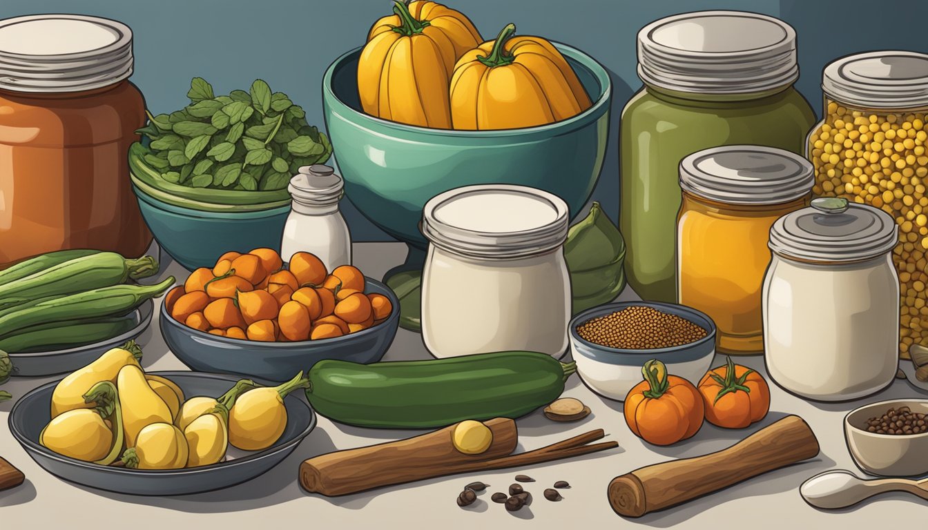 A colorful array of fresh produce, jars of spices, and cooking utensils on a kitchen counter, with a bowl of cooked marrow beans as the focal point