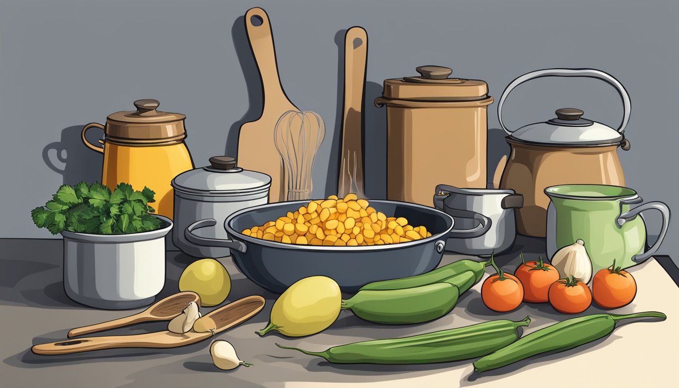 A variety of cooking utensils and ingredients arranged on a kitchen counter, with a pot of simmering marrow beans on the stove