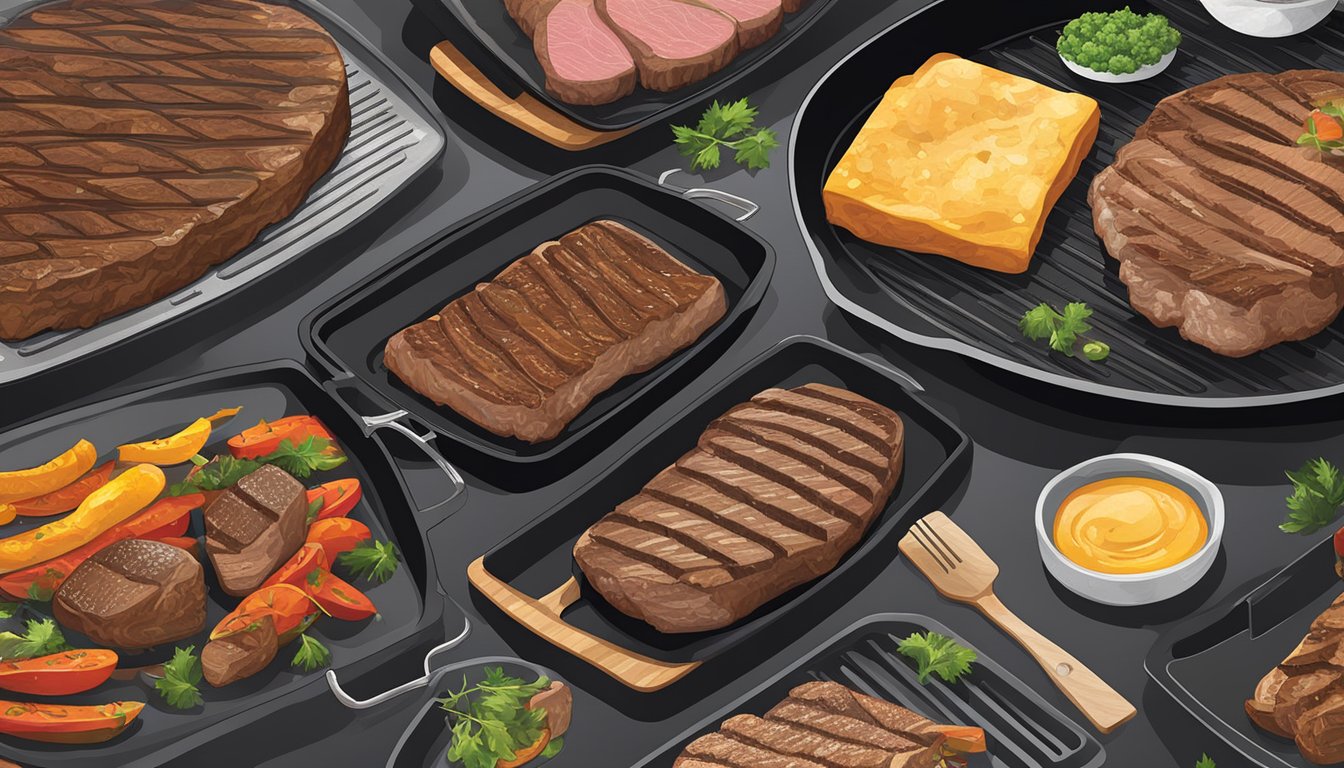 A sizzling blackstone griddle with steaks cooking at varying temperatures, showcasing the different levels of doneness