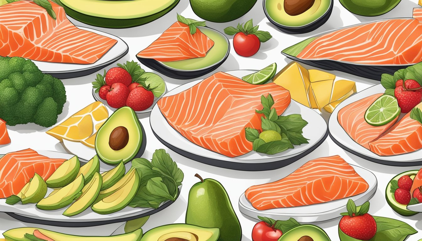 A colorful array of fresh salmon, avocado, and various fruits and vegetables arranged on a clean, white meal prep surface