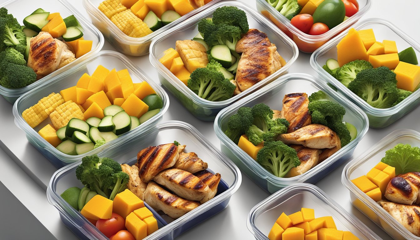 A colorful array of fresh mango, grilled chicken, and assorted vegetables arranged in individual meal prep containers