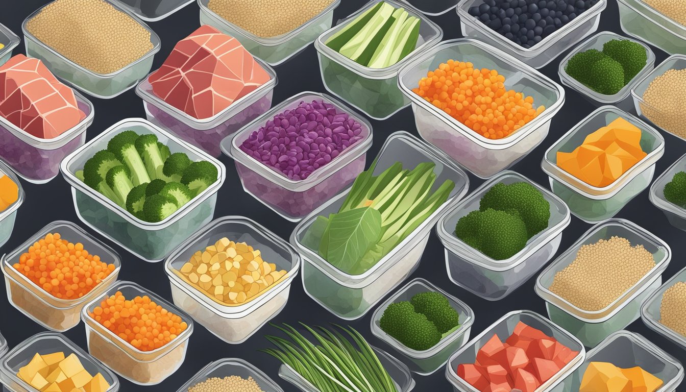 A colorful array of fresh ingredients, including quinoa, ahi poke, and various vegetables, neatly arranged in meal prep containers