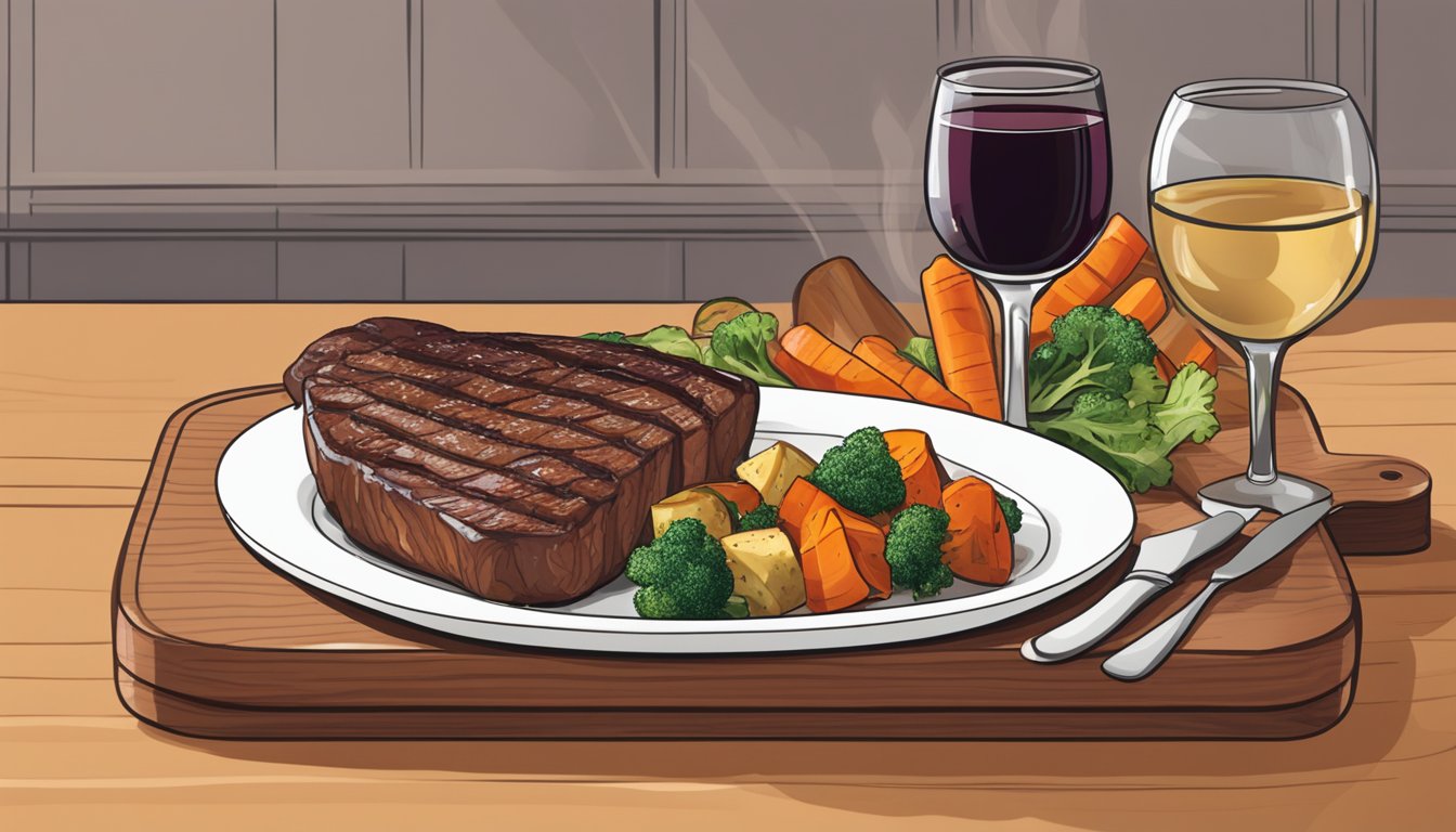 A platter of roasted vegetables and a glass of red wine next to a sizzling New York strip steak on a wooden cutting board