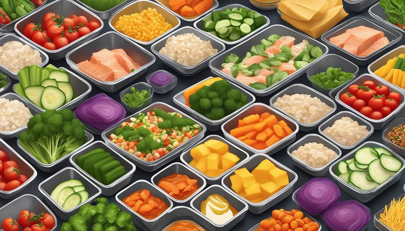 A colorful array of fresh ingredients, including diced fish, vibrant vegetables, and flavorful sauces, neatly arranged in individual meal prep containers