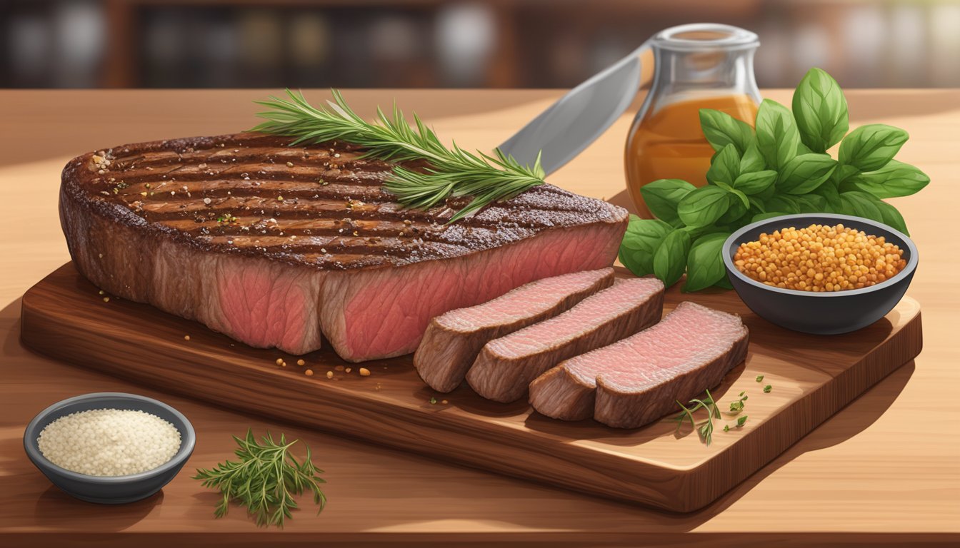 A sizzling New York strip steak on a cutting board surrounded by fresh herbs and seasonings, with a nutrition label in the background