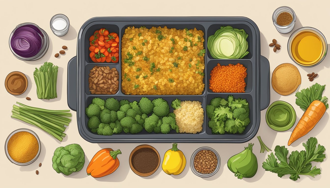 A colorful array of vegetables and spices arranged around a baking dish filled with a golden-brown vegetable kugel, with ten smaller meal prep containers lined up beside it