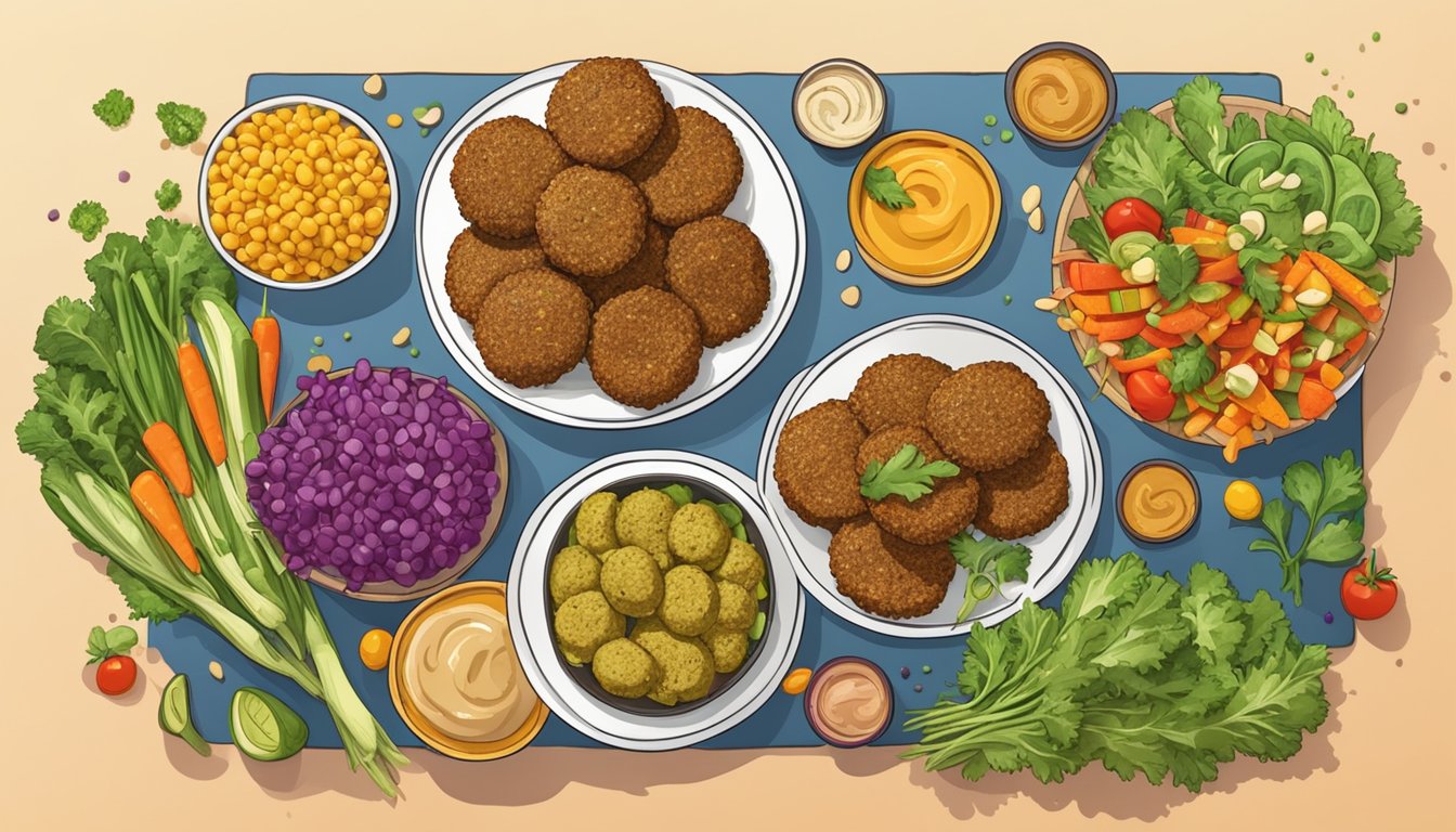 A table set with 10 falafel patties drizzled with tahini, surrounded by colorful vegetables and grains for a Purim meal prep spread