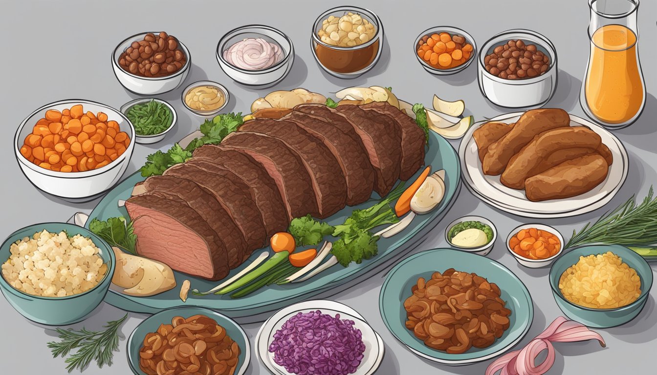 A table set with ten containers of beef brisket with onions, surrounded by various meal prep ingredients and Purim decorations