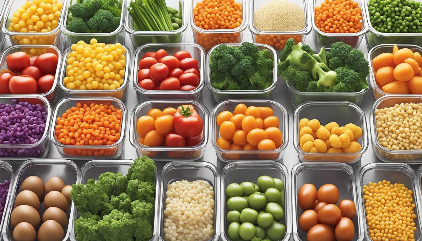 A colorful array of fresh vegetables and Israeli couscous arranged in neatly organized meal prep containers