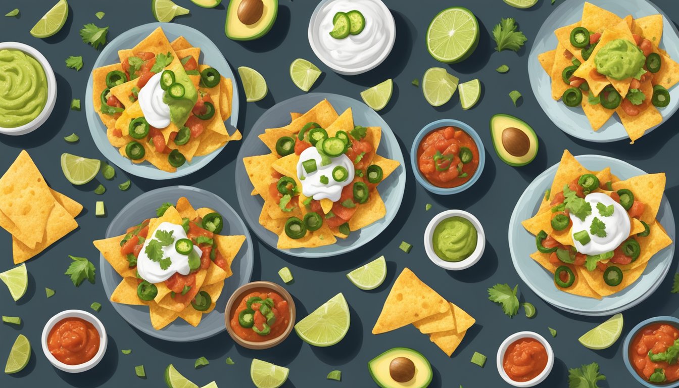 A plate of crispy oven-baked nachos topped with melted cheese, jalapenos, and salsa, surrounded by small bowls of guacamole and sour cream