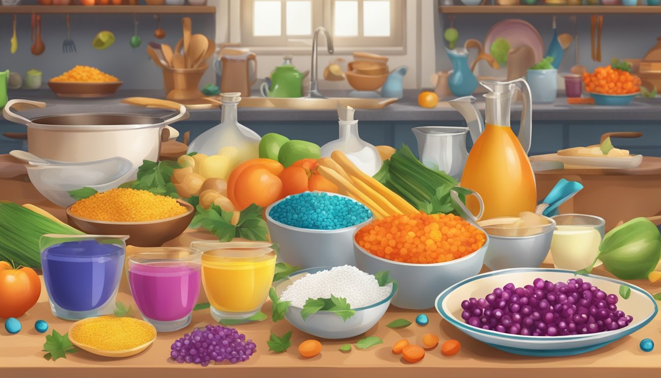 Colorful ingredients and cooking utensils scattered across a kitchen counter, with a festive Purim-themed table setting in the background