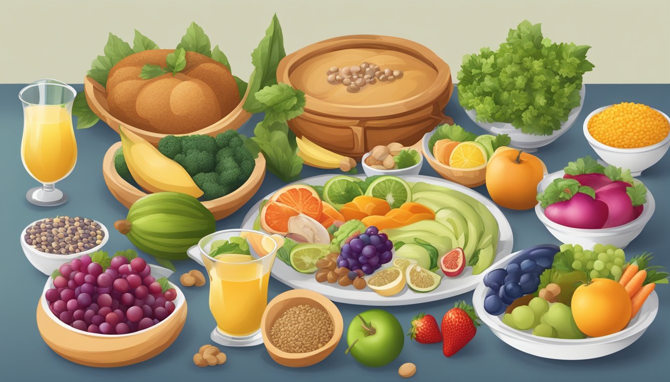 A festive table set with a variety of colorful and nutritious Purim meal options, including fruits, vegetables, grains, and protein sources