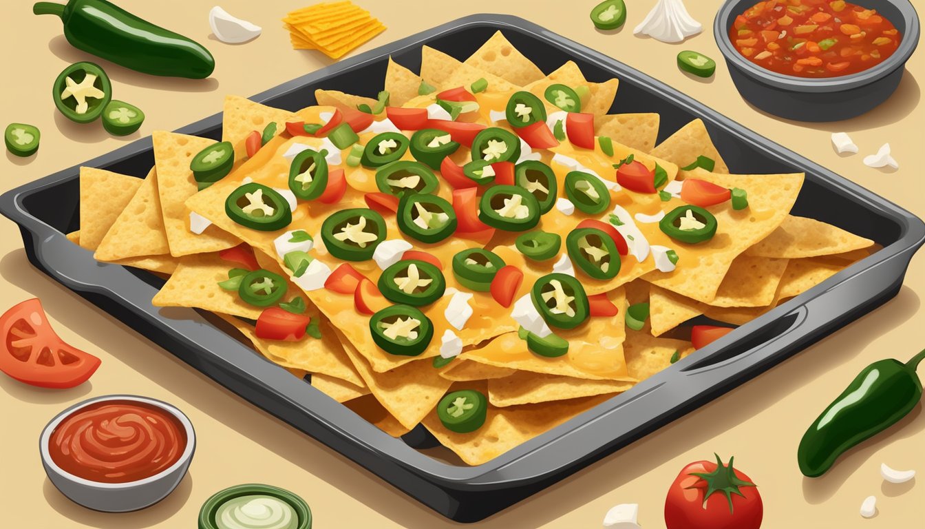 Crispy nachos arranged on a baking sheet, surrounded by essential ingredients like cheese, salsa, and jalapeños