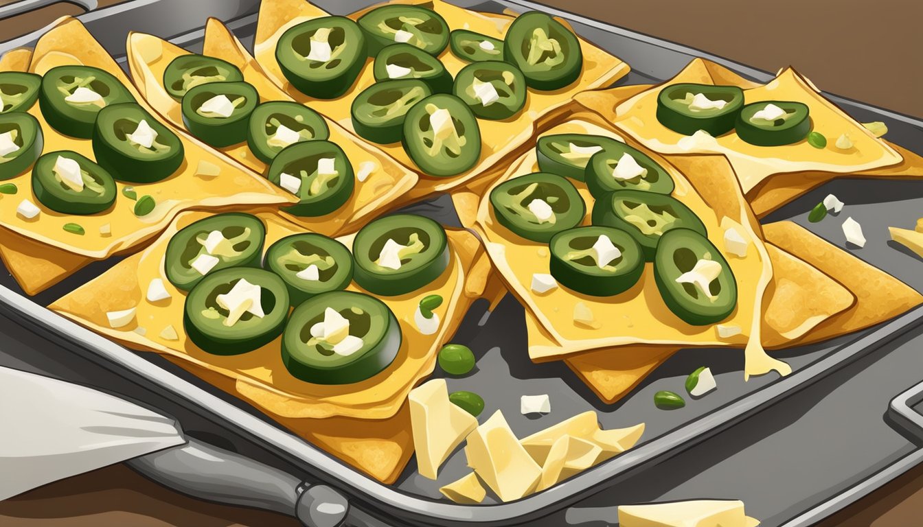 Golden nachos on a baking sheet, topped with cheese and jalapeños, ready for the oven