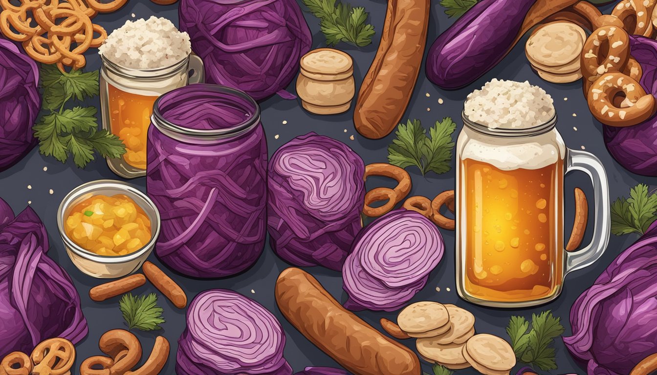 A jar of pickled red cabbage slaw surrounded by ingredients like sausages, pretzels, and beer steins, evoking the festive atmosphere of Oktoberfest