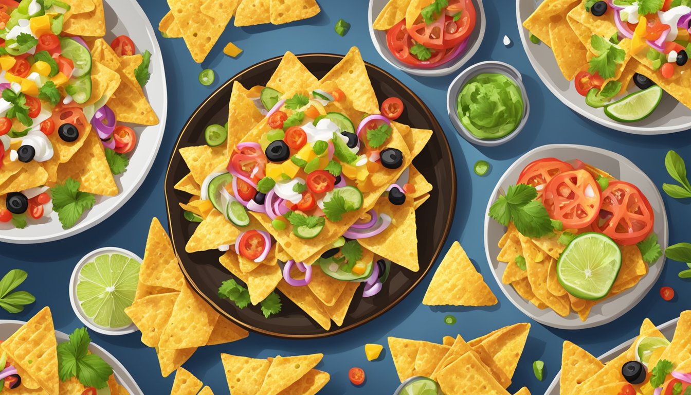 A platter of golden, crispy nachos arranged with colorful toppings and garnishes