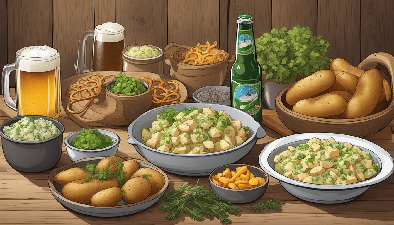 A rustic wooden table set with a bowl of herbed Bavarian potato salad, surrounded by beer steins, pretzels, and other Oktoberfest meal prep ingredients