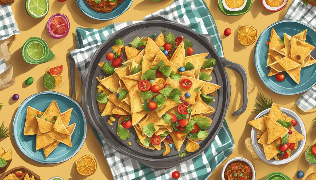 A festive table spread with colorful crispy oven baked nachos and festive decorations