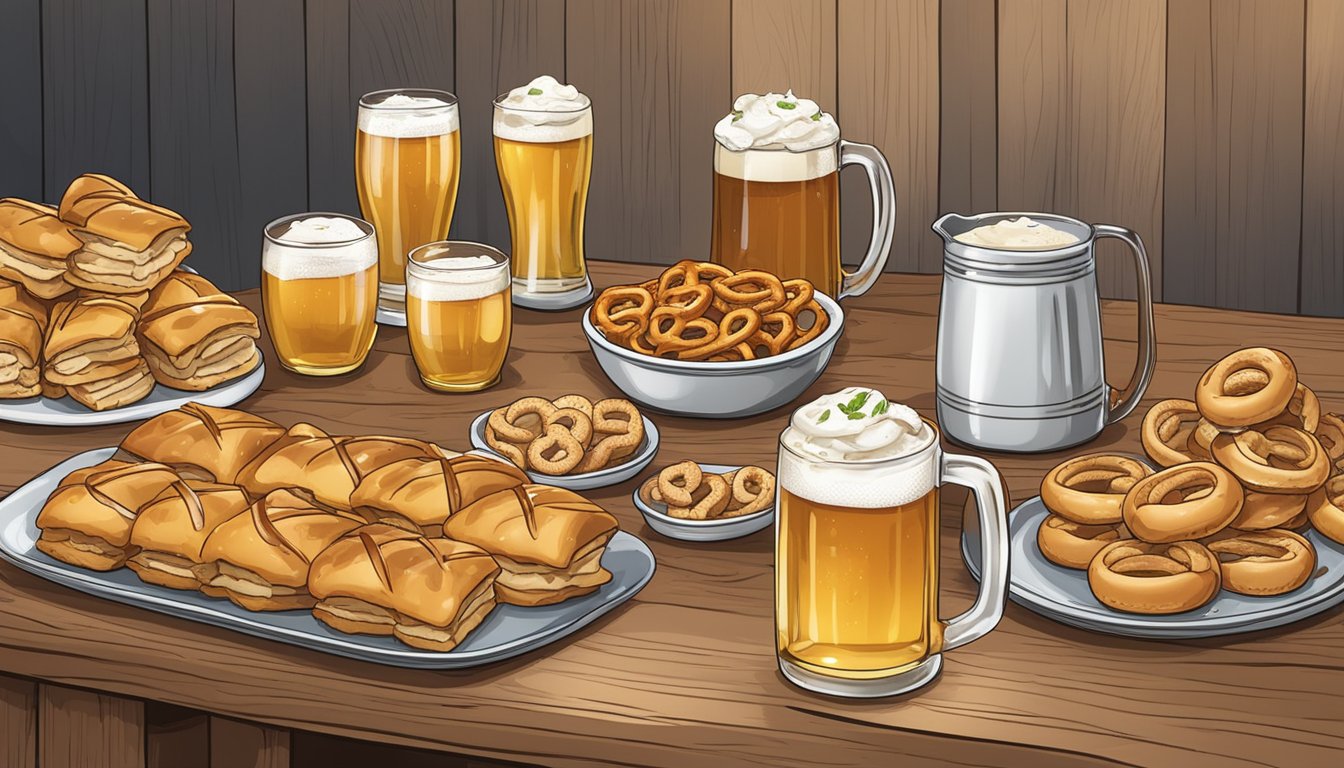 A table set with ten apple strudel bites, pretzels, and beer mugs for an Oktoberfest meal prep spread