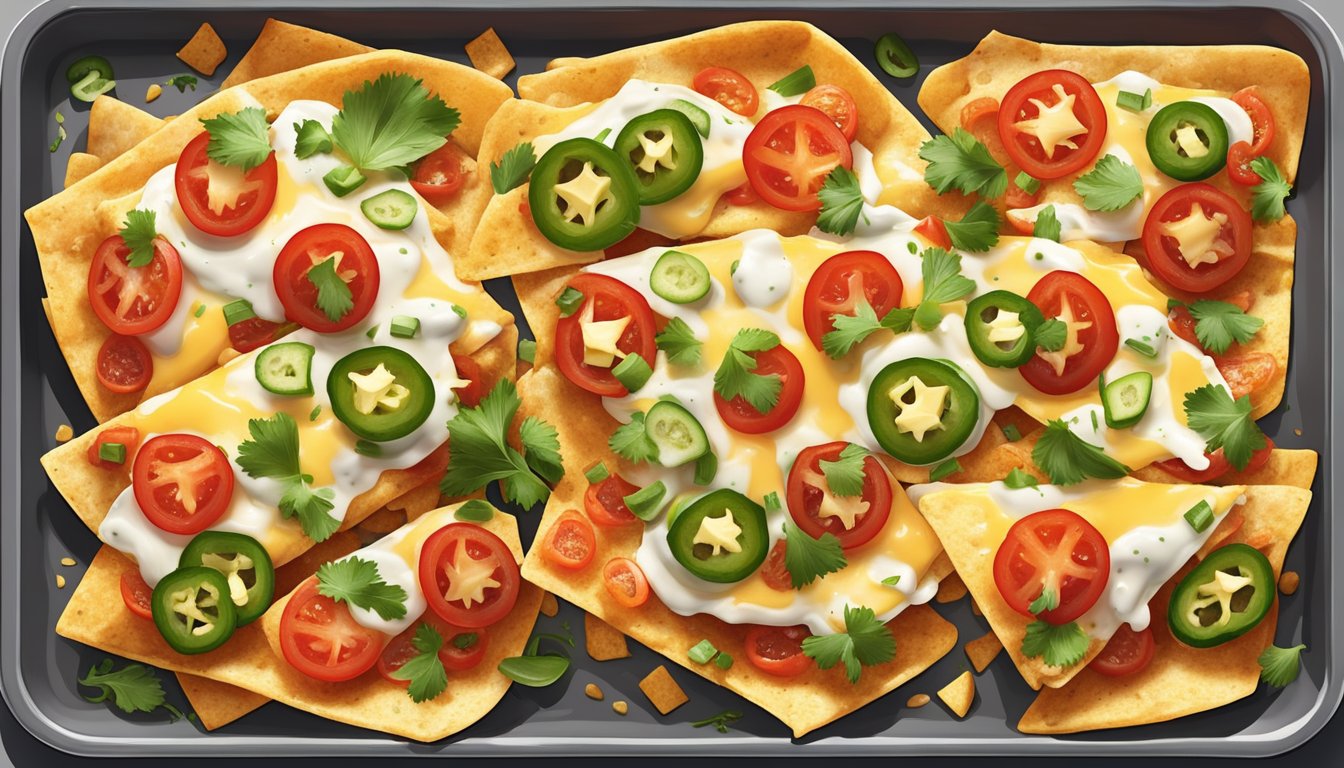 A baking sheet of golden, crispy nachos topped with melted cheese, salsa, and fresh toppings like diced tomatoes, jalapenos, and cilantro