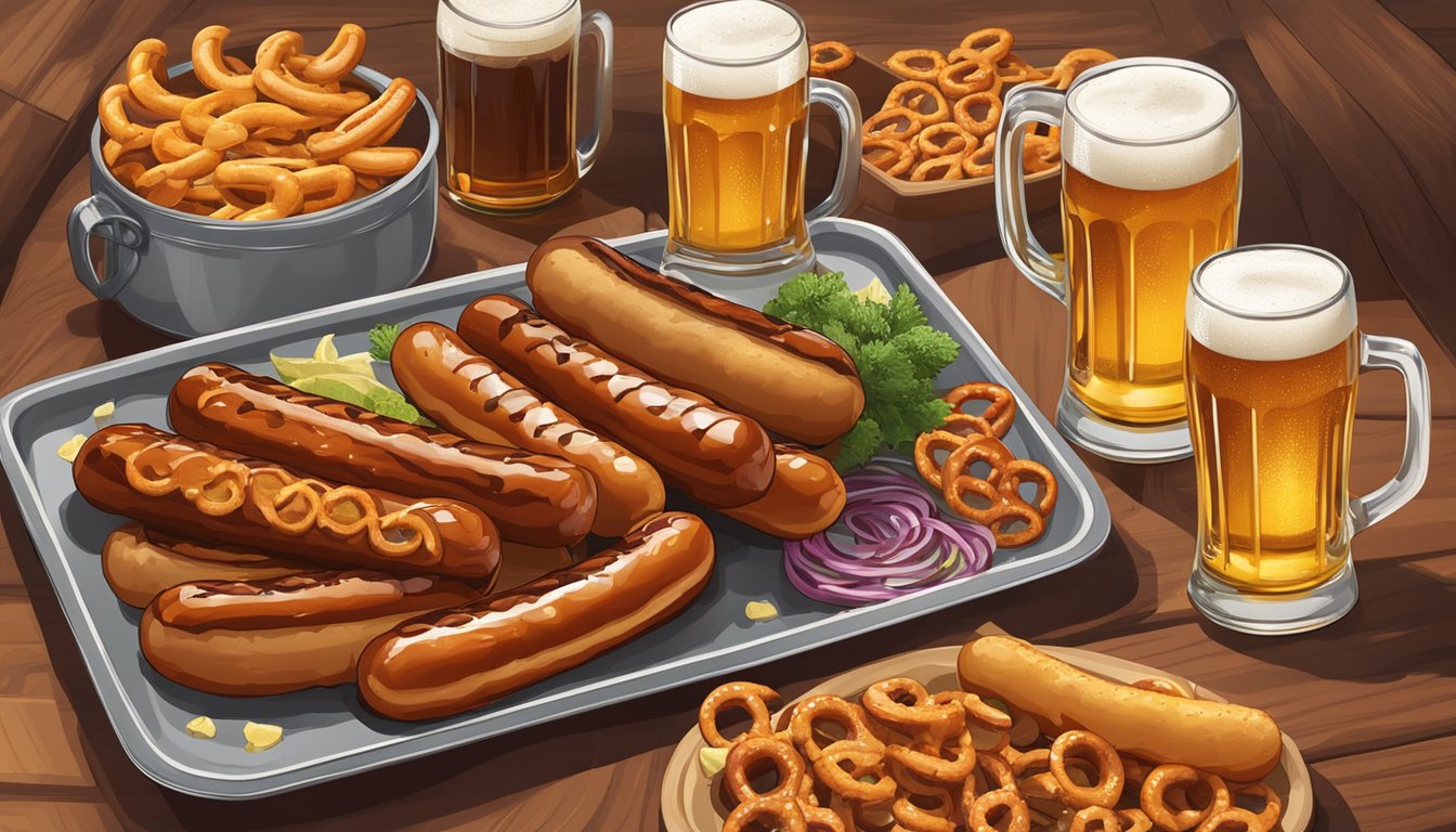 A platter of grilled sausages topped with currywurst sauce, surrounded by beer steins and pretzels, set against a backdrop of Oktoberfest decor