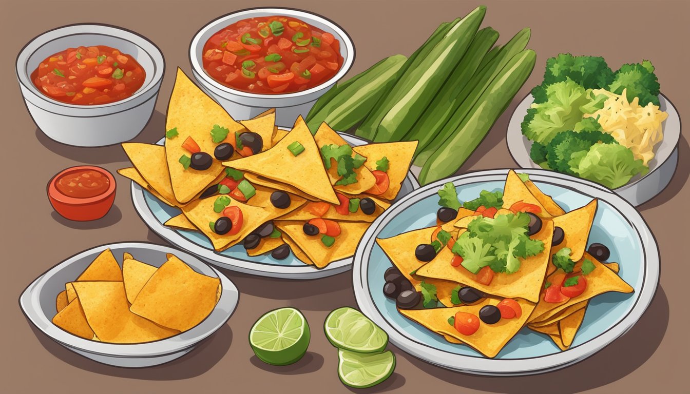 A plate of crispy oven-baked nachos surrounded by colorful vegetables and a side of salsa