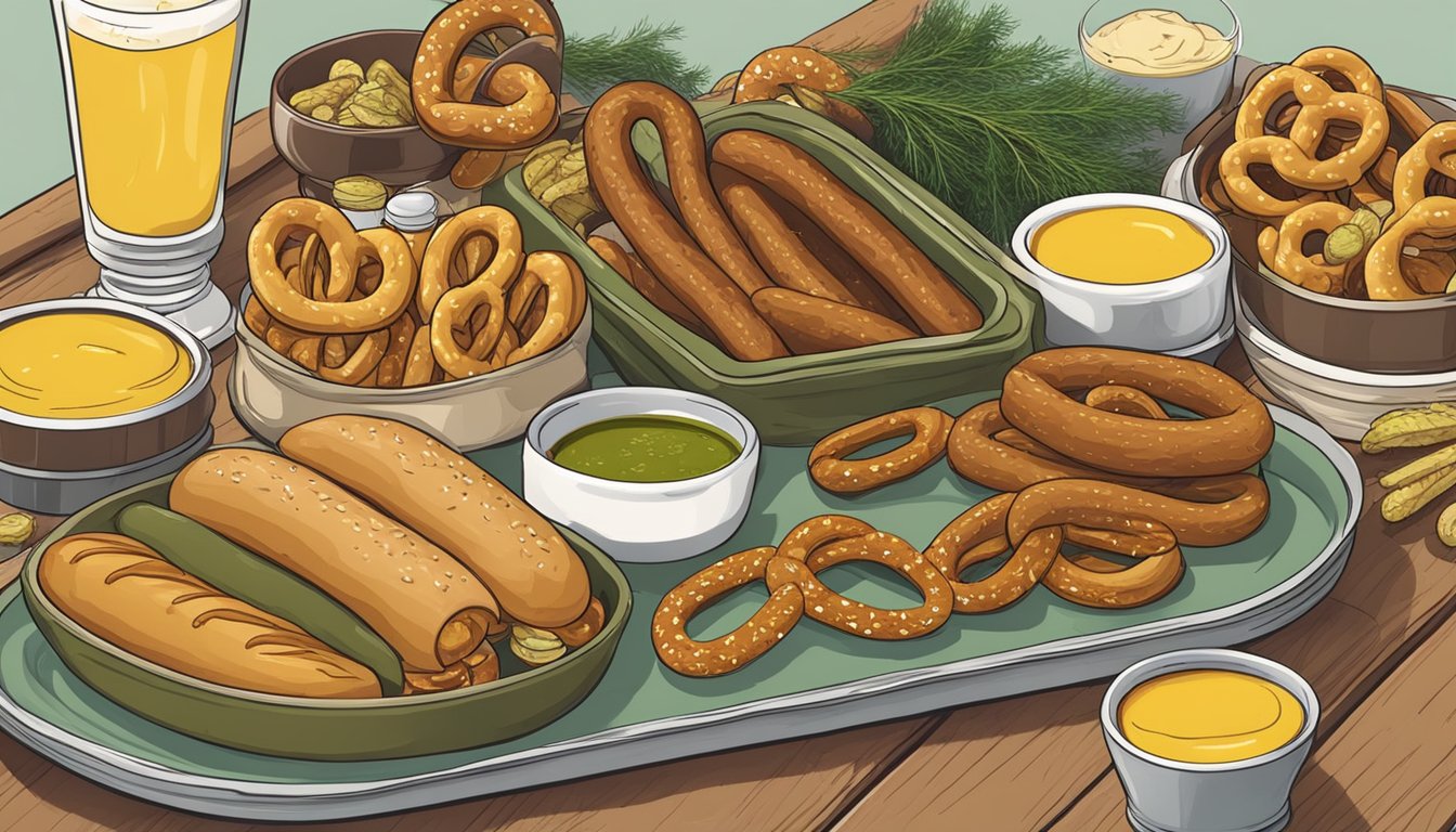 A platter with dill pickles and mustard surrounded by pretzels, sausages, and other Oktoberfest meal prep items