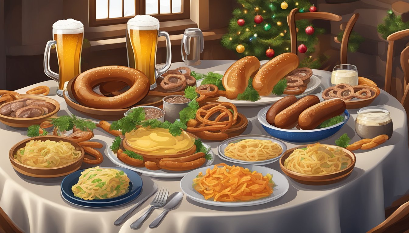 A festive table set with traditional German dishes, including sausages, pretzels, sauerkraut, and beer steins