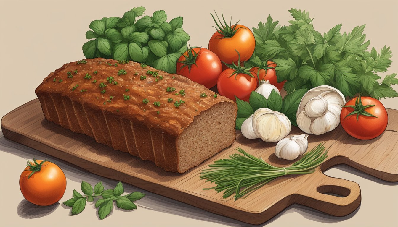 A golden-brown meatloaf sits on a rustic wooden cutting board, surrounded by fresh herbs, tomatoes, and garlic cloves