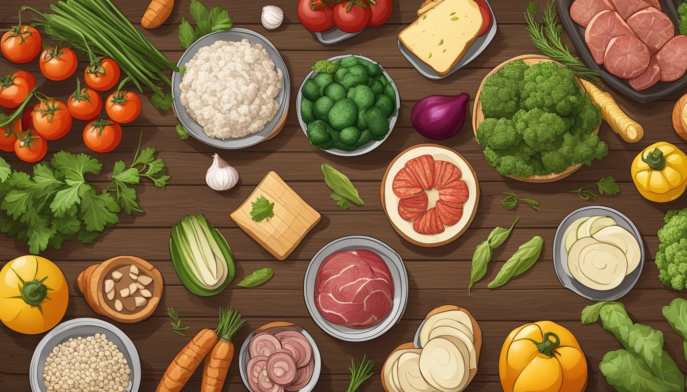 A variety of fresh vegetables, meats, and traditional German ingredients are laid out on a wooden table, ready to be used for Oktoberfest meal prep