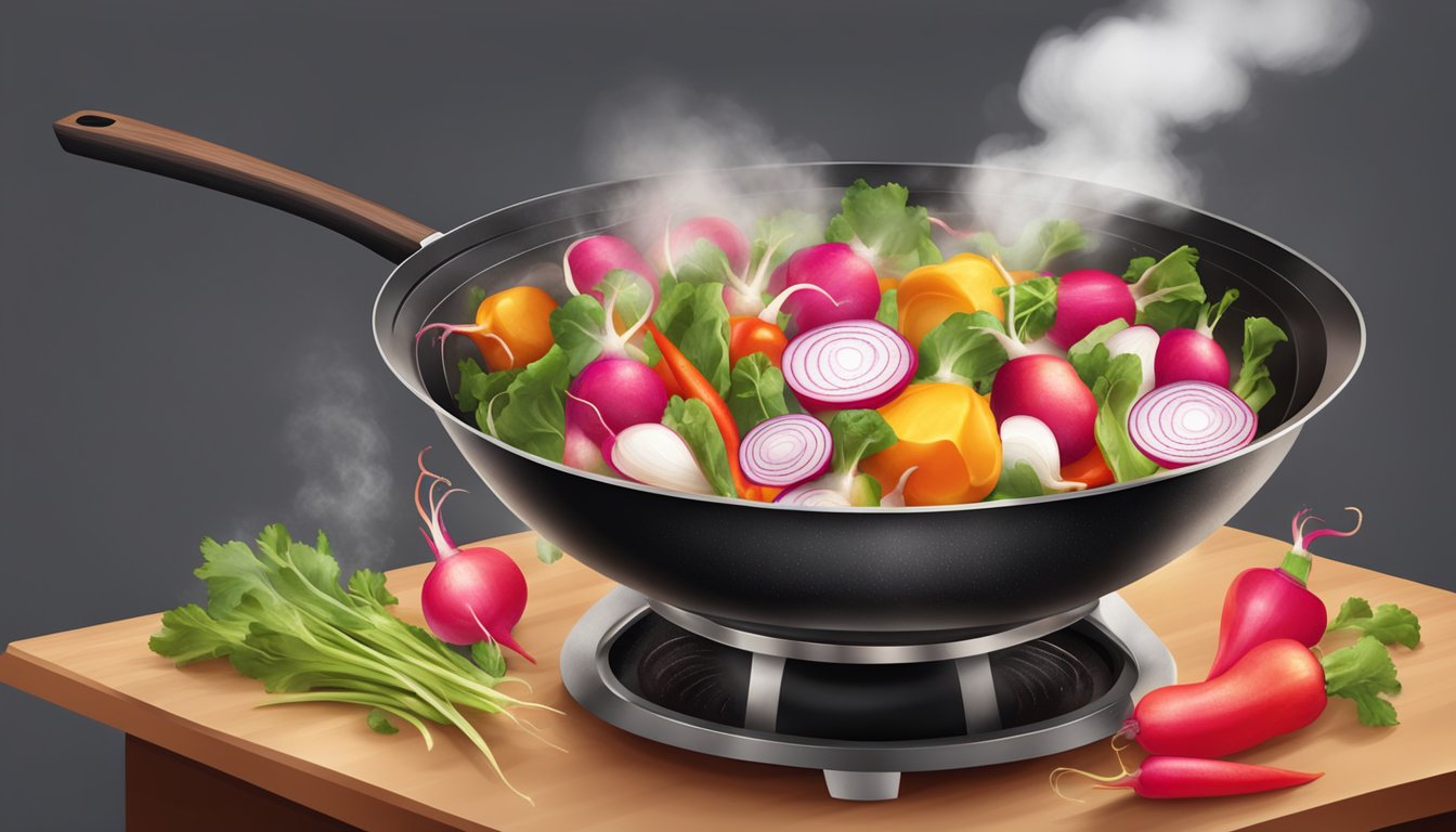 A sizzling wok full of colorful radishes, onions, and peppers, with steam rising and the aroma of spicy stir-fry filling the air