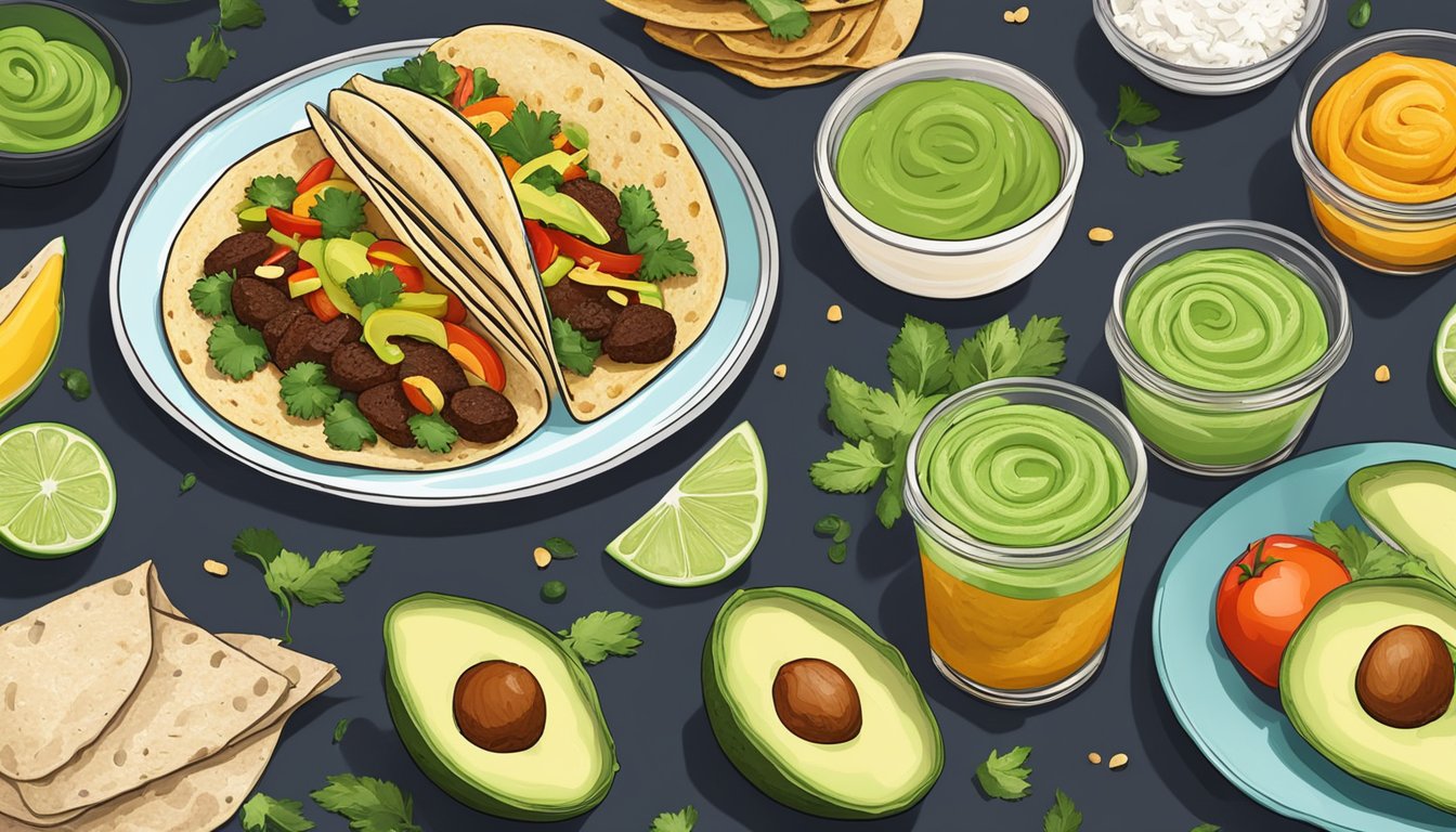 A table set with vibrant vegan tacos, topped with avocado cream, alongside coconut flour tortillas and ingredients for meal prep