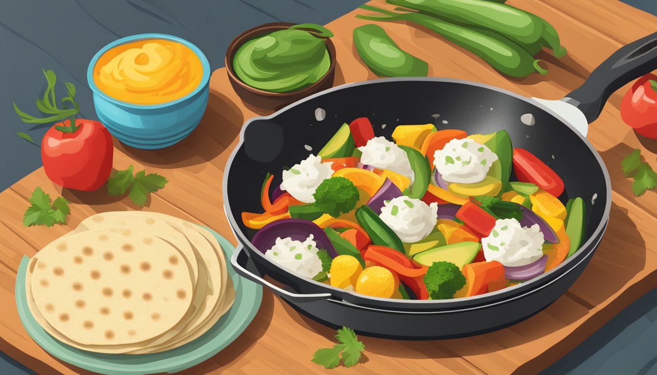 A sizzling pan filled with colorful grilled vegetables and coconut flour tortillas, ready to be assembled into delicious quesadillas