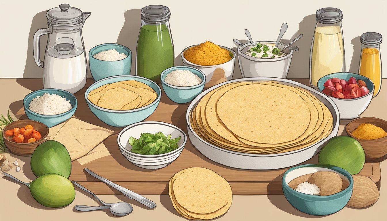 A kitchen counter with coconut flour tortillas, surrounded by ingredients and utensils for meal prep