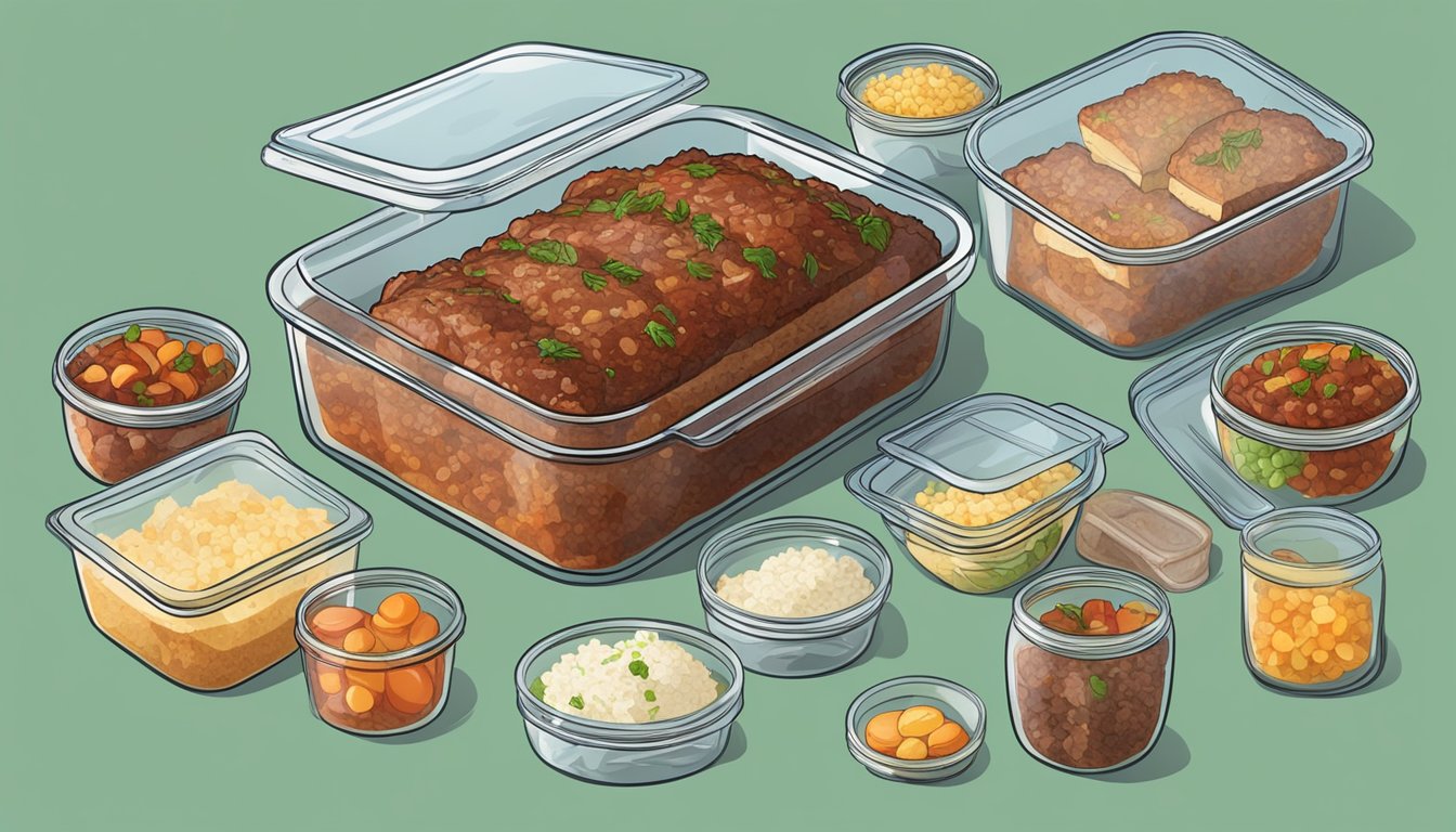 A glass container filled with slices of homemade meatloaf surrounded by various storage containers and leftover ingredients