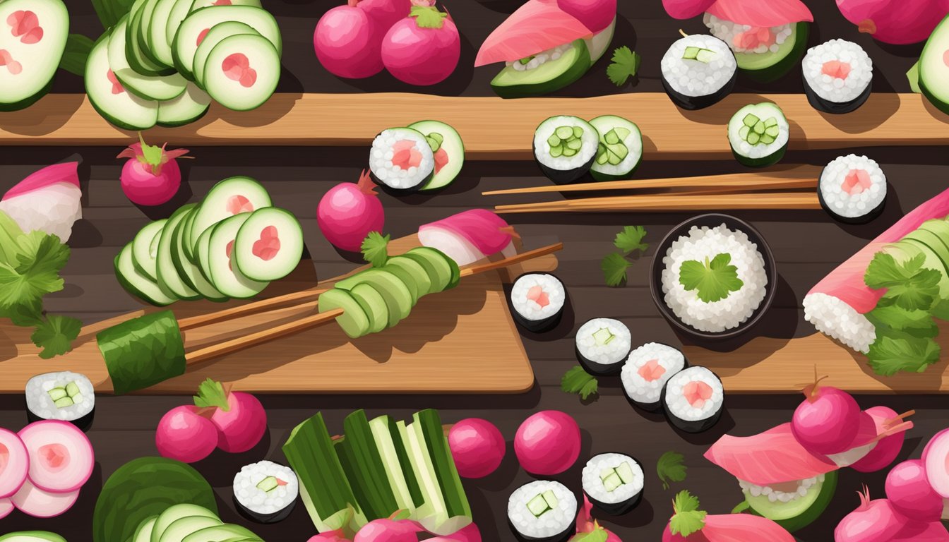 A wooden cutting board with sliced radishes, cucumbers, and sushi rice arranged in rows, with a bamboo sushi rolling mat and a bowl of soy sauce nearby