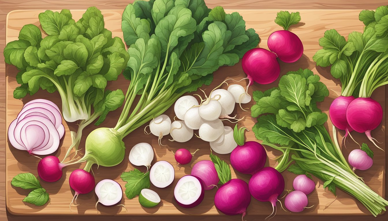 A colorful array of fresh radishes, herbs, and other ingredients arranged on a wooden cutting board, ready for meal preparation