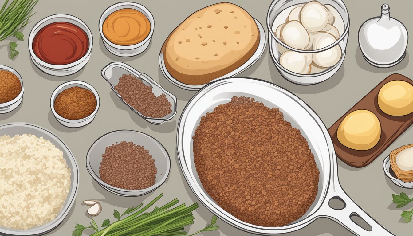 A table set with ingredients: ground beef, breadcrumbs, eggs, onions, ketchup, and seasonings. A mixing bowl and a loaf pan are ready for preparation