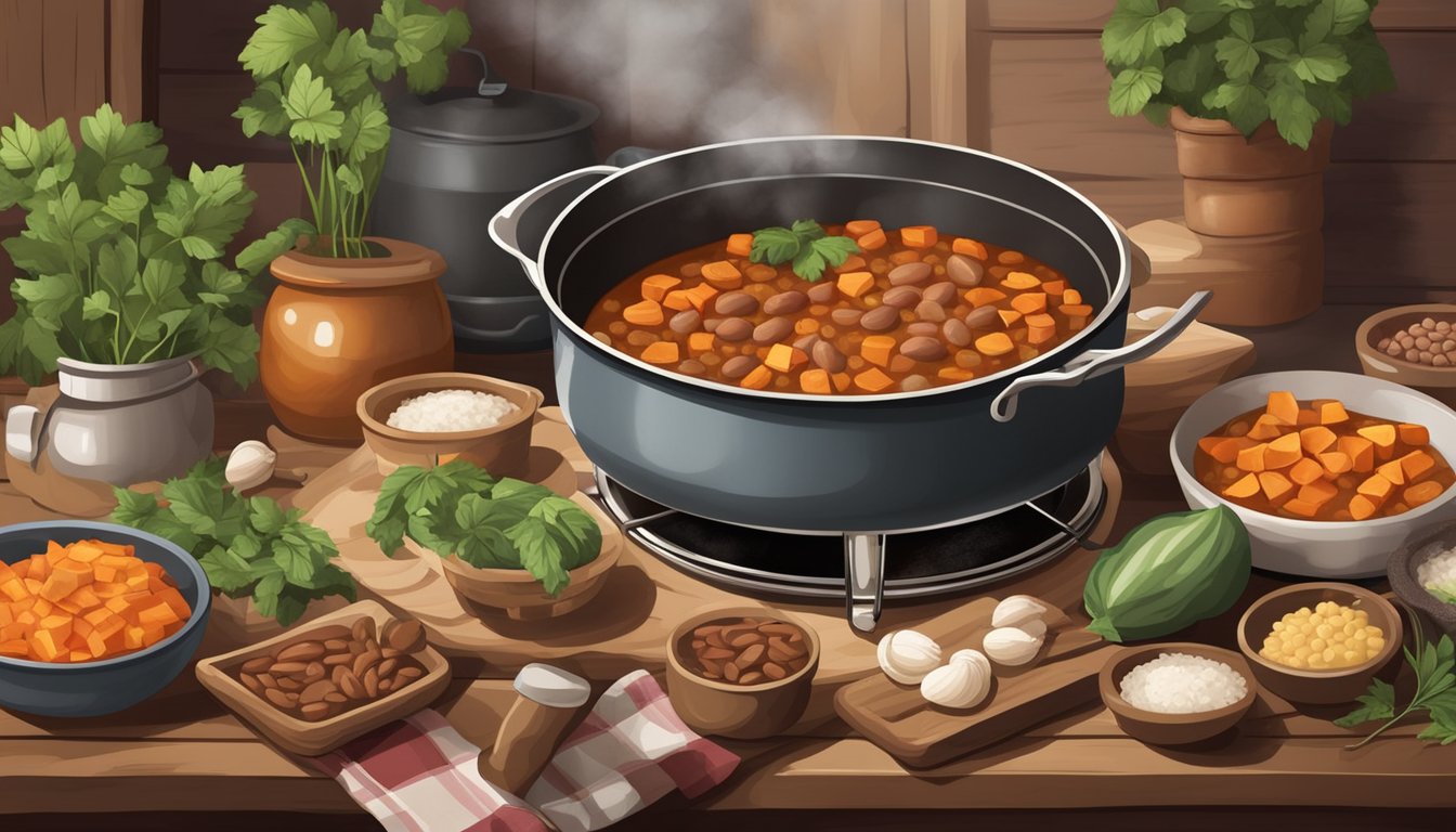 A rustic kitchen scene with a pot simmering on the stove, filled with a hearty stew of pinto beans and sweet potatoes, surrounded by fresh ingredients and cooking utensils