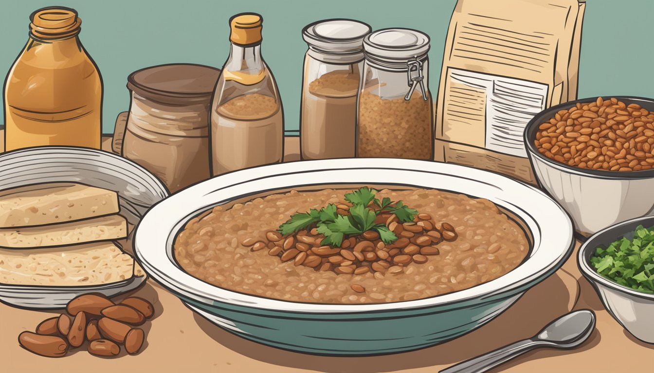 A bowl of spicy pinto bean dip surrounded by ingredients and recipe cards