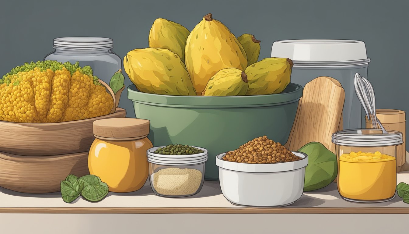 A kitchen counter with various ingredients and utensils, including ripe jackfruit, bread, spices, and meal prep containers