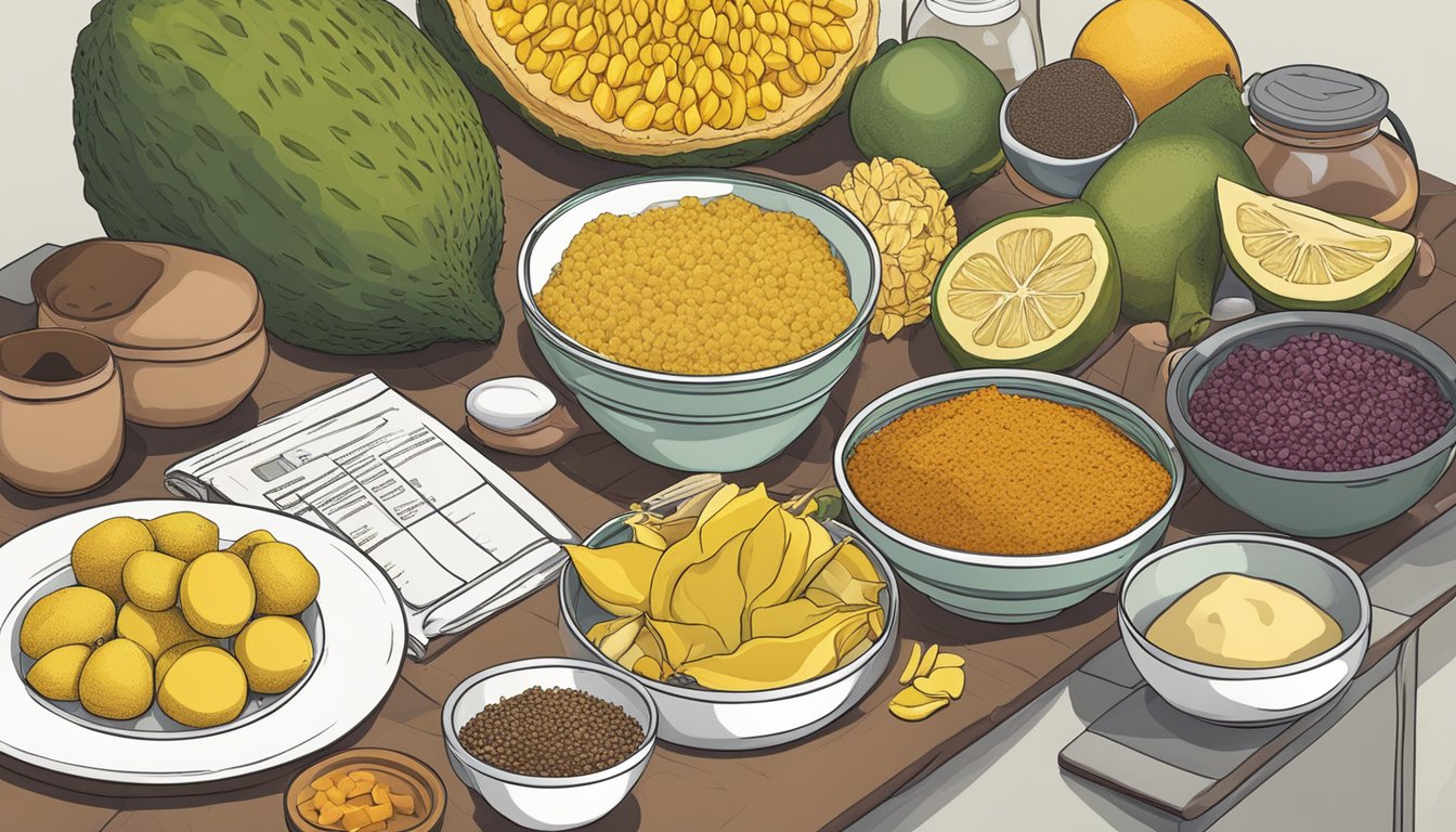 A kitchen counter with various ingredients and cooking utensils, including ripe jackfruit, spices, and recipe cards for 5 different meal prep ideas