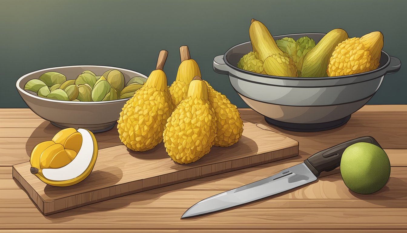 Ripe jackfruits and various kitchen utensils arranged on a wooden countertop, with a cutting board and knife ready for meal prep